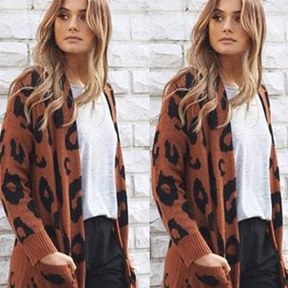 Angashion Women's Cardigan Long Sleeves Leopard Print Knitting Sweater Open Fron